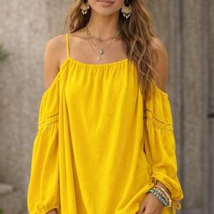 Zara Trafaluc Yellow Boho Peasant Top XS Off Shoulder Balloon Sleeve Blouse